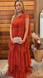 Vestido um ombro babado