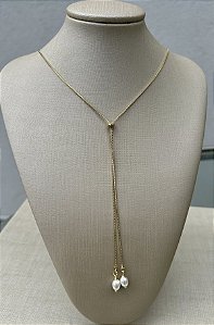 Colar gravata com pérola e banho de ouro 18k