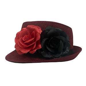 Chapéu Panamá Vermelho Faixa Preta C/ Rosas