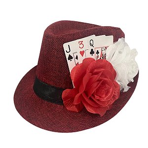 Chapéu Panamá Vermelho Faixa Preta C/ Rosas e Baralho