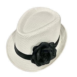 Chapéu Panamá Branco Faixa Preta C/ 1 Rosa Preta