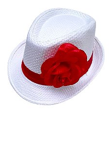 Chapéu Panamá Branco Faixa Vermelha C/ 1 Rosa Vermelha