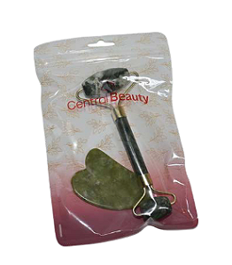 Kit Massageador Facial Rolo Duplo e Pedra Gua Sha