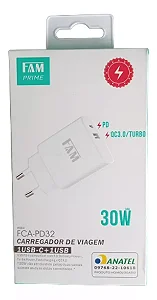 Carregador Turbo 30W Tipo C FAM Prime FCA-PD30 Branco