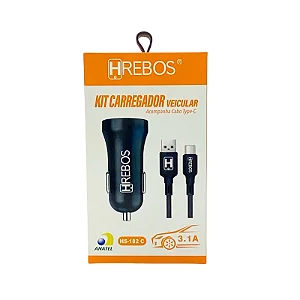 Kit Carregador Veicular Dual USB com Cabo Micro USB V8 HREBOS