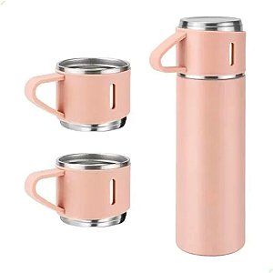 Garrafa De Água Café Térmica Squeeze Com 2 Canecas 500 Ml Vacuum Flask Rosa Claro