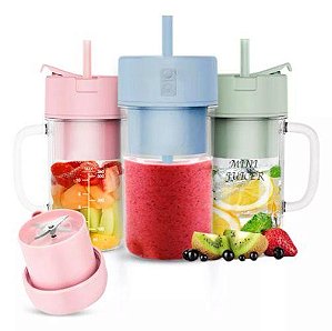 Mini Liquidificador Copo Portátil Usb Com Canudo Shakes Smoothies Kapbom Ka-Z181 420Ml Azul Claro