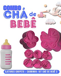 Combo Chá de Bebê (Ejetor Chupeta + Carrinho de Bebê + Kit Carimbo Chá de Bebê 2)
