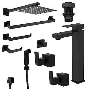 Kit Banheiro Black 10 Peças com Monocomando Bica Alta e Acessórios