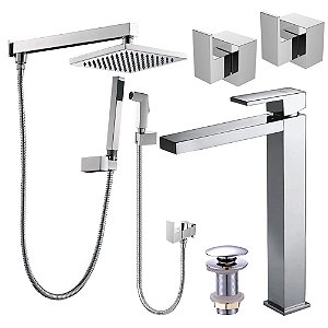Kit 6 Peças Com Bica Alta WJ-2885-MD-CR e Chuveiro Com Desviador Cromado - Jiwi
