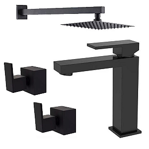 Kit 4 Peças Com Bica Baixa WJ-2875-MD-BL Acabamentos e Chuveiro De Parede 20x20 Black - Jiwi