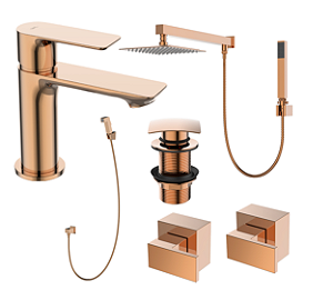 Kit 6 Peças Com Bica Baixa WJ-2875-MK-RG e Chuveiro Com Desviador Rose Gold - Jiwi