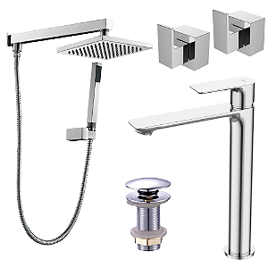 Kit 5 Peças Com Bica Alta WJ-2885-MK-CR e Chuveiro Com Desviador Cromado - Jiwi
