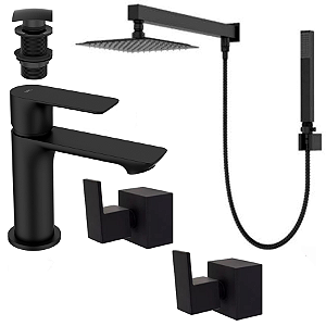 Kit 5 Peças Com Bica Baixa WJ-2875-MK-BL e Chuveiro Com Desviador Black - Jiwi
