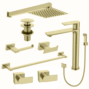 Kit 9 Peças Com Bica Alta Mykonos Gold Escovado - Jiwi by Kitbaco