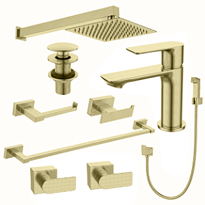 Kit 9 Peças Com Bica Baixa Mykonos Gold Escovado - Jiwi by Kitbaco