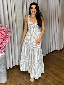 VESTIDO LONGO DECOTE LAÇO LISTRADO