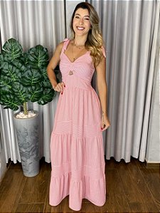 VESTIDO LONGO DECOTE LAÇO LISTRADO
