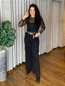 CALÇA JEANS WIDE LEG CARGO PRETA