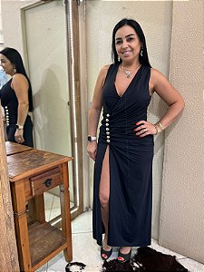 VESTIDO PRETO LONGO DECOTE V LANÇA PERFUME