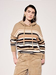 BLUSÃO EM TRICOT LISTRADO COM CAPUZ AMBICIONE