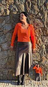 BLUSA MANGA LONGA COM DECOTE QUADRADO MARIA PAVAN