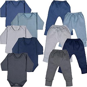 Kit 10 Pçs Body Bebê E Mijão Pé Reversível Suedine Liso Menino