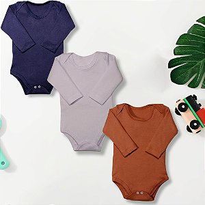 Kit 3 Pçs Body Infantil M/Longa 1 A 3 Anos Liso 100% Algodão Menino