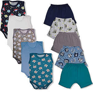 Kit 10 Pçs Body Regata E Shorts Bebe Menino 100% Algodão