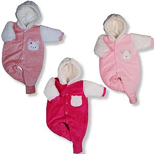 Kit 3 Pçs Macacão Bebe Pelúcia Bordado Pele Carneiro Pelo Na Touca Menina