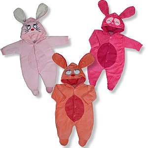 Kit 3 Peças Macacão Bebe Plush Com Orelha Bordado Capuz Pelúcia Menina