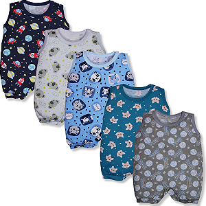 Kit 5 Pçs Macacão Curto Bebe Jardineira Estampada Banho De Sol Menino