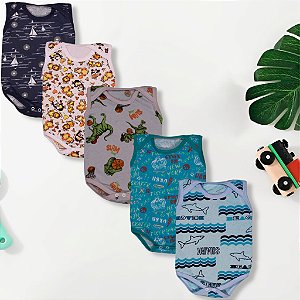Kit 5 Peças Body Bebe Regata Estampado 100% Algodão Menino