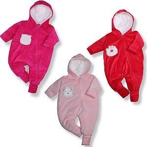Kit 3 Peças Macacão Bebe Plush  Com Ziper Bordado Capuz Pelúcia Menina