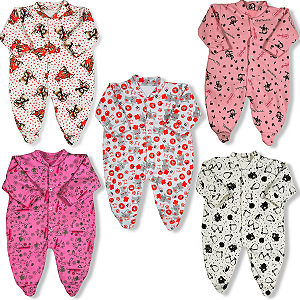 Kit 5 Peças Macacão Bebe Suedine Bichos 100% Algodão Menina