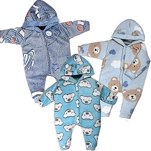 Kit 3 Peças Macacão Bebe Inverno Microfibra Com Capuz Menino