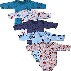 Kit 5 Peças Body Bebe M/Longa Estampado 100% Algodão Menino