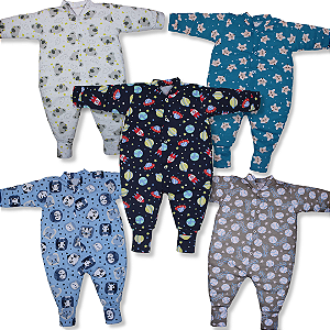 Kit 5 Peças Macacão Bebe Bichos Malha 100% Algodão Bebe Menino