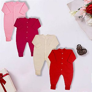 Kit 4 Peças Macacão Malha Liso Macio Bebe 100% Algodão Menina