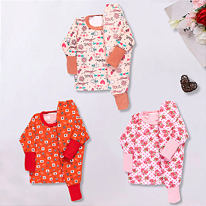 Kit 3 Conjunto Inverno Infantil Pijama Moletinho C/ Punho Menina