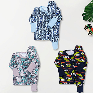 Kit 3 Conjunto Inverno Infantil Pijama Moletinho C/ Punho Menino