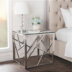 Mesa de Cabeceira em Aço Inox Polido Dallas com Tampo de Vidro