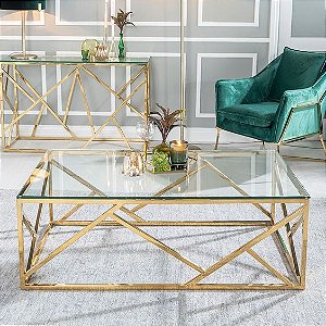 Mesa de Centro Dallas em Inox Dourado com Tampo de Vidro