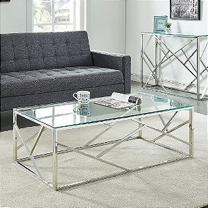 Mesa de Centro Dallas em Inox Polido com Tampo em Vidro