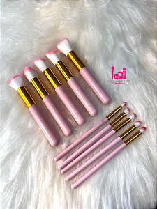 Kit c/10 pincéis para maquiagem cor rosa