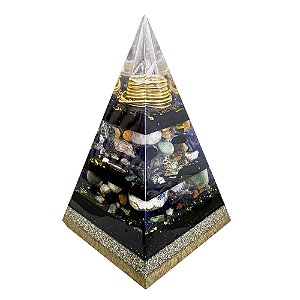 Orgonite Pirâmide de 26cm com Hematitas Magnetizadas - Dourada/Preta