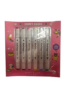 Caderno de Colorir Cute e Comfy + 6 Canetinhas Ponta Dupla - Kit Criativo Premium Infantil Adulto Antiestresse ´capa rosa