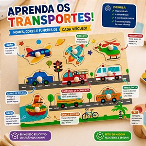Quebra-Cabeça Educativo de Madeira com Pinos, Tema Transportes, 8 Peças, 30x22,5 cm, para Crianças a partir de 18 Meses