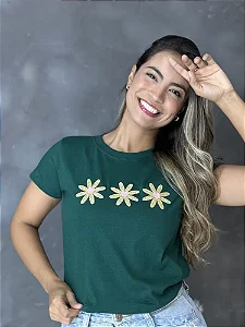T-SHIRT BORDADA - 3 FLORES - VERDE