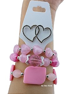 Mix Pulseiras Rosa com Brinco de Coração | Ref: KITPLBR462